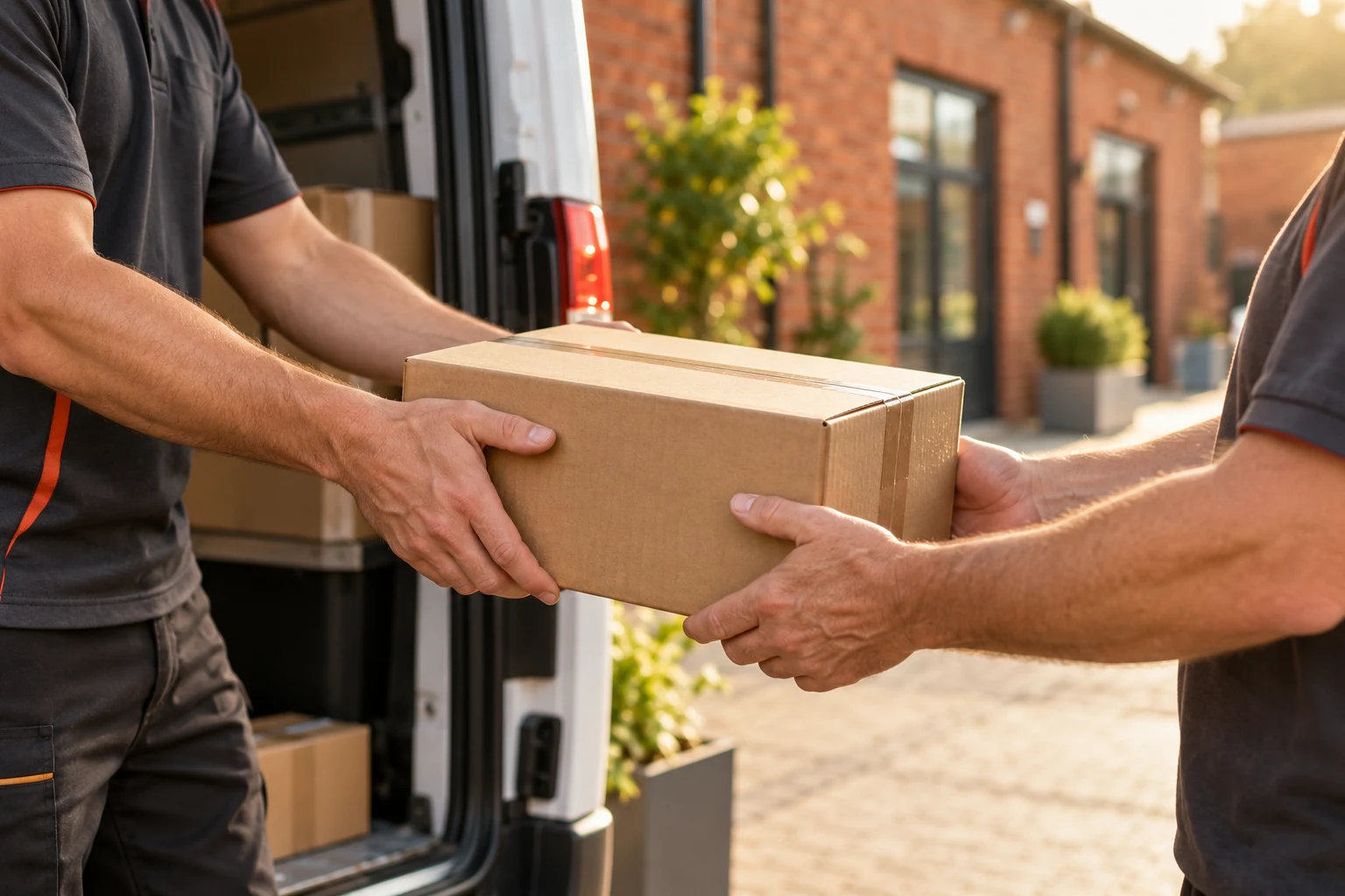 Illustrative parcel handover showing careful handling at a delivery van