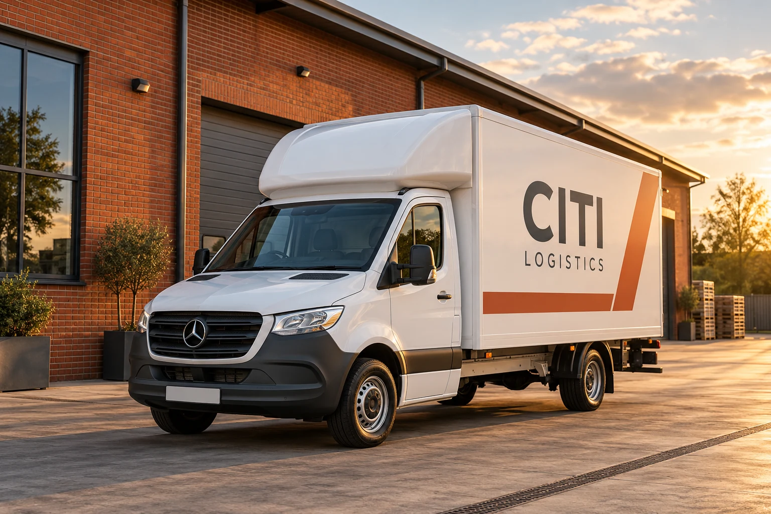 Illustrative Citi Logistics Luton van outside a Midlands style brick warehouse